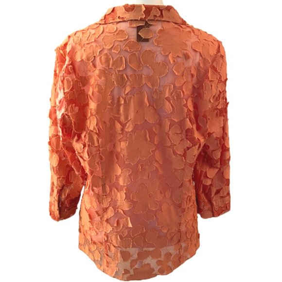 Multiples Tangerine Brocade Button Up Sheer Top 3D Applique Flowers Size Medium - Picture 6 of 9